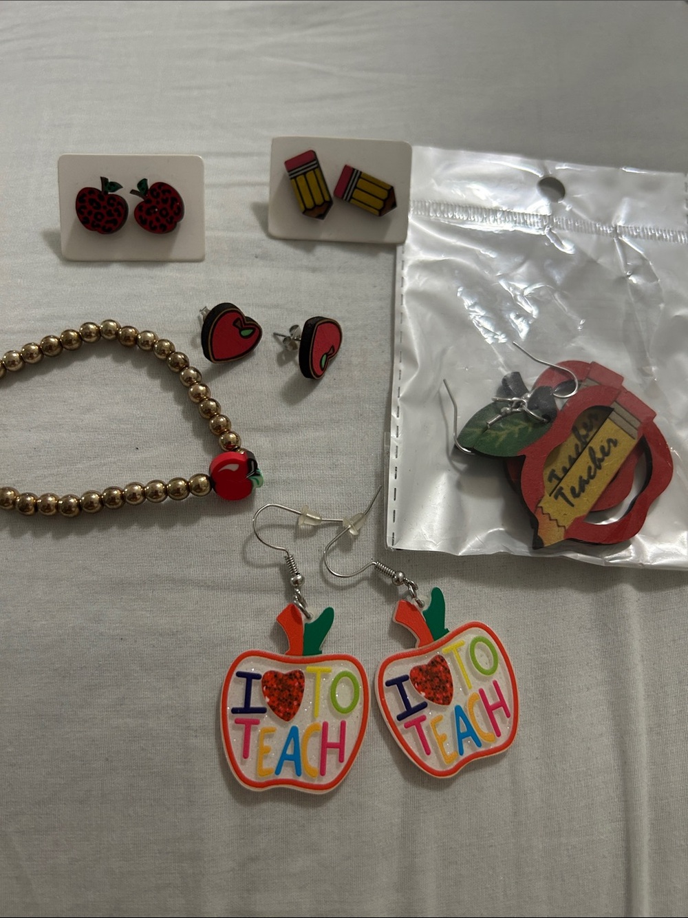 Teacher-Themed Bundle of Earrings & Jewelry Set - Red, Green, Gold